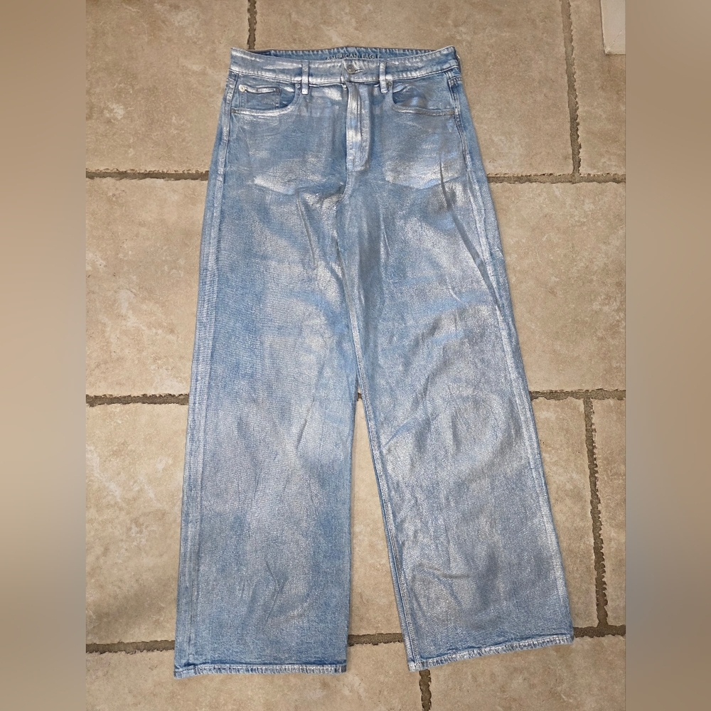 American Eagle Super High Rise Baggy Wide Leg Jeans Silver Metallic 10 Regular